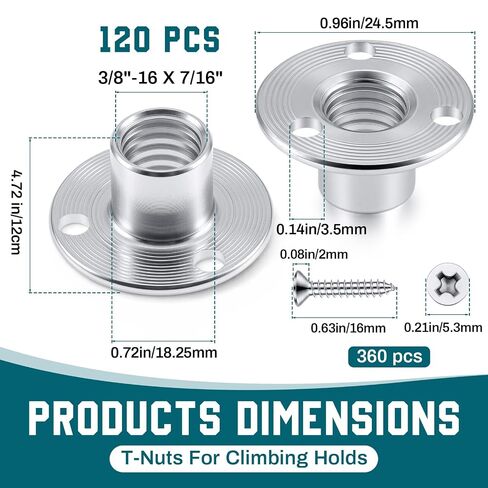 3/8-16 x 7/16" 120 Pcs T-Nuts with 360 Pcs Screws for Climbing Brad Hole Tee Nut Corrosion Resistant Heavy Duty Flange Female Thread Insert Nuts for Wood Rock Climbing Holds Furniture in Kuwait