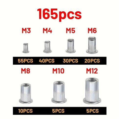 165 Pcs Metric Rivet Nut Kit, Aluminum Flat Head Threaded Insert Nutsert Assortment (M3 M4 M5 M6 M8 M10 M12), Knurled Body Rivnuts for Automotive, Furniture & DIY Projects (Rivet Gun Not Included) in Kuwait