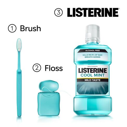 Listerine Cool Mint Alcohol-Free Mild Mouthwash, Oral Rinse Kills 99.9% of Germs that Cause Bad Breath, Less Intense Taste, Mild Mint Flavor, 1 L (Pack of 2) in Saudi Arabia