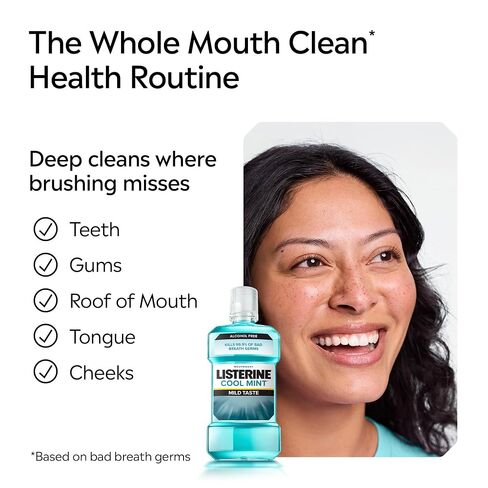 Listerine Cool Mint Alcohol-Free Mild Mouthwash, Oral Rinse Kills 99.9% of Germs that Cause Bad Breath, Less Intense Taste, Mild Mint Flavor, 1 L (Pack of 2) in Saudi Arabia