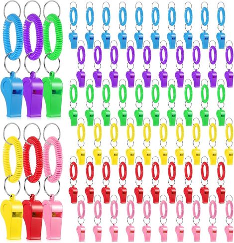 60 Pcs Sport Whistles Bulk, 6 Colors Plastic Loud Whistles with Bracelet Portable Colorful Whistle with Stretchable Coil Wrist and Keychain Ring for Coaches, Referees, Adults, Outdoor Sports in Kuwait