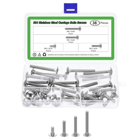 uxcell 38Pcs Carriage Bolts and Nuts Kit, M6 Stainless Steel 304 Round Head Square Neck Carriage Bolts Screws and Hex Nuts - Silver in Kuwait