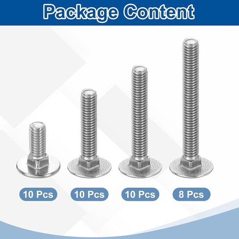 uxcell 38Pcs Carriage Bolts and Nuts Kit, M6 Stainless Steel 304 Round Head Square Neck Carriage Bolts Screws and Hex Nuts - Silver in Kuwait