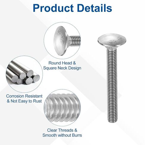 uxcell 38Pcs Carriage Bolts and Nuts Kit, M6 Stainless Steel 304 Round Head Square Neck Carriage Bolts Screws and Hex Nuts - Silver in Kuwait