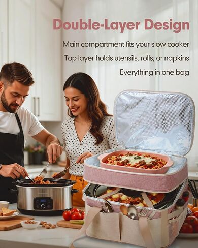 Crock Pot Carrying Bag for Slow Cooker 6-8 Quart Oval Crock-Pot, Double Layer Carrier Bag, Insulated Travel Tote with Removable Bottom Support Board, Top Zip Compartment and Front Pocket for Utensils in Kuwait
