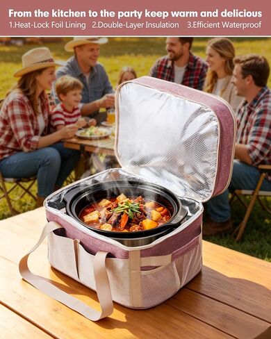 Crock Pot Carrying Bag for Slow Cooker 6-8 Quart Oval Crock-Pot, Double Layer Carrier Bag, Insulated Travel Tote with Removable Bottom Support Board, Top Zip Compartment and Front Pocket for Utensils in Kuwait