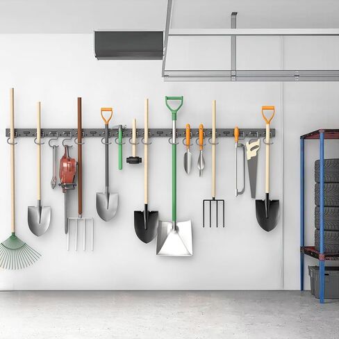 TORACK Plastic Wall Mounted Mop and Broom Holder, Garden Tools Organizer for Garage Wall, Yard Tool Storage Rack for Rakes, Shovels, Mops, Brooms (4 Tracks, 16 Hooks) in Kuwait
