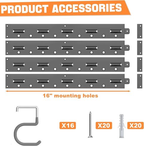 TORACK Plastic Wall Mounted Mop and Broom Holder, Garden Tools Organizer for Garage Wall, Yard Tool Storage Rack for Rakes, Shovels, Mops, Brooms (4 Tracks, 16 Hooks) in Kuwait