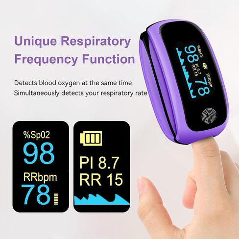 Rechargeable Pulse Oximeter, oximeter with Respiratory, Respiration Rate Monitor, SpO2 PI Monitoring Devices, oxygen monitor fingertip for Sports Aviation Use Only (Purple) in Kuwait