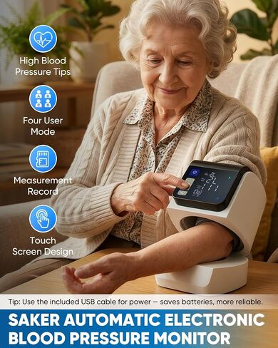 Saker Blood Pressure Monitor Upper Arm, Automatic BP Monitor for Home Use, No-Wrap Auto-Fit Design, Fits 8.5"–15.7", Large Display, 4 Users with 199 Readings Each, One-Touch (U90B) in Kuwait