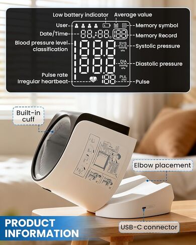 Saker Blood Pressure Monitor Upper Arm, Automatic BP Monitor for Home Use, No-Wrap Auto-Fit Design, Fits 8.5"–15.7", Large Display, 4 Users with 199 Readings Each, One-Touch (U90B) in Kuwait