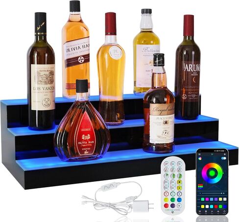LED Lighted Liquor Bottle Display Shelf, 3 Tiers 40 Inch Bar Bottle Display Shelf with Remote and App Control for Home Bar Party Whiskey Wine Coffee Syrup Water Bottle Display in Kuwait