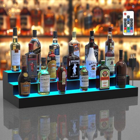 2 حزمة 16 بوصة LED مضاءة زجاجة الخمور عرض الرف، 3 الطبقة 32 بوصة الكحول ويسكي الخشب رف حامل صينية للمنزل بار اكسسوارات غرفة المعيشة والديكور، رف بوربون لمدة 24 زجاجة in Kuwait