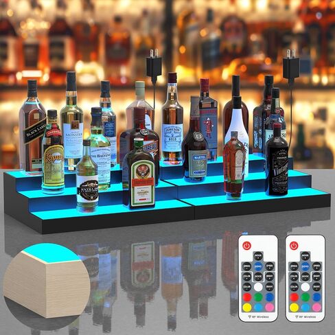 2 حزمة 16 بوصة LED مضاءة زجاجة الخمور عرض الرف، 3 الطبقة 32 بوصة الكحول ويسكي الخشب رف حامل صينية للمنزل بار اكسسوارات غرفة المعيشة والديكور، رف بوربون لمدة 24 زجاجة in Kuwait