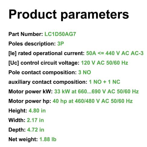 LC1D50AG7 Non-Reversing Contactor 50A 3-Pole 120VAC Coil 1NO 1NC 50/60Hz in Kuwait