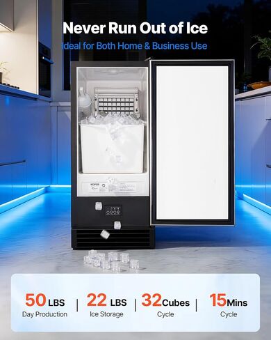 VEVOR Undercounter Built-in Ice Maker, 50 Lbs/Day Under Counter Ice Maker Machine with Drain Pump, Reversible Door, Stainless Steel Freestanding Ice Maker for Commercial Home Kitchen in Kuwait