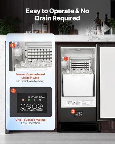 VEVOR Undercounter Built-in Ice Maker, 50 Lbs/Day Under Counter Ice Maker Machine with Drain Pump, Reversible Door, Stainless Steel Freestanding Ice Maker for Commercial Home Kitchen in Kuwait