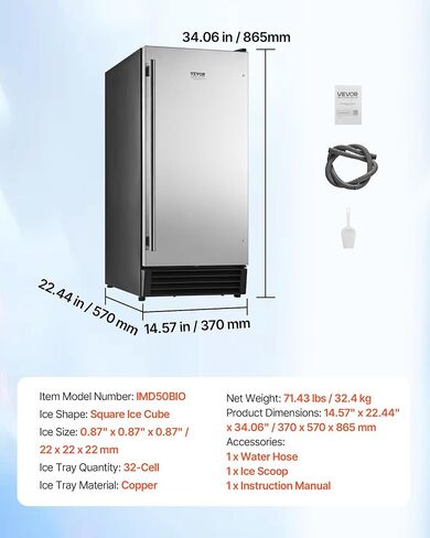 VEVOR Undercounter Built-in Ice Maker, 50 Lbs/Day Under Counter Ice Maker Machine with Drain Pump, Reversible Door, Stainless Steel Freestanding Ice Maker for Commercial Home Kitchen in Kuwait