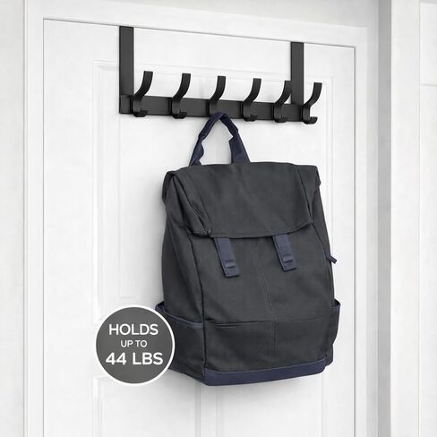 Over The Door Hook Rack, Heavy Duty Black Metal Organizer, 6 Hooks | Holds up to 44 lbs, no drilling required in Kuwait