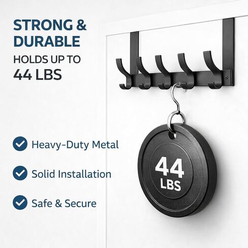 Over The Door Hook Rack, Heavy Duty Black Metal Organizer, 6 Hooks | Holds up to 44 lbs, no drilling required in Kuwait