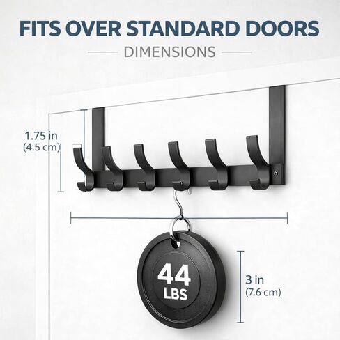Over The Door Hook Rack, Heavy Duty Black Metal Organizer, 6 Hooks | Holds up to 44 lbs, no drilling required in Kuwait