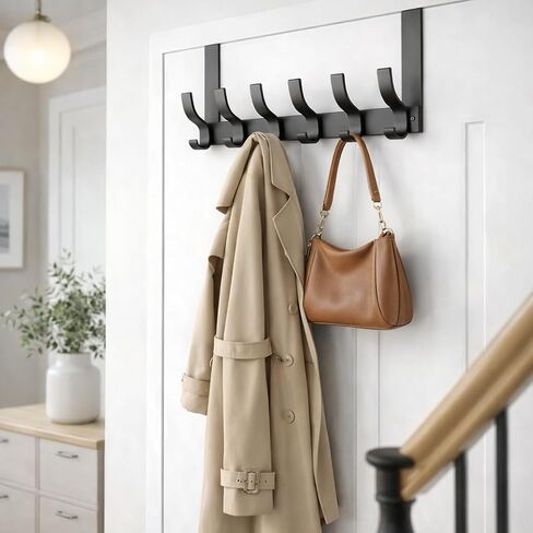 Over The Door Hook Rack, Heavy Duty Black Metal Organizer, 6 Hooks | Holds up to 44 lbs, no drilling required in Kuwait