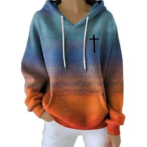 Faith Shirts for Women Retro Faith Cross Graphic Hoodie Loose Casual Contrast Color Striped Hooded Sweatshirts in Saudi Arabia