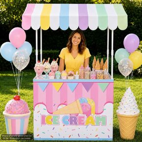 Summer Ice Cream Stand Supplies Kits Large Ice Cream Stand Decorations Include Shelf, Banner, Roof for Outdoor Photo Prop Garden Holiday Picnic Birthday Wedding Party Supplies(Without Table) in Kuwait