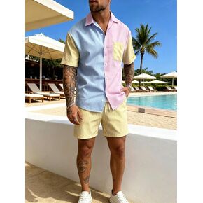 Men's Summer 2 Piece Sets Contrast Color Button Down Shirt Drawstring Shorts Casual Matching Set Beach Vacation Outfits (Medium,Multicolor) in Kuwait