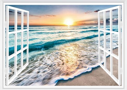 FLFK Fake Window Wall Sticker - Sunset Beach Faux Window Wall Mural for Wall Decor, Stick and Peel Wall Decals,16"x24" in Kuwait