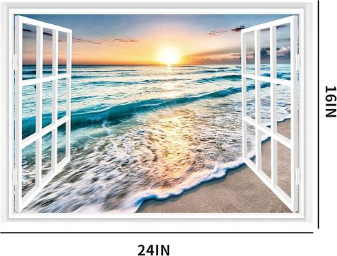 FLFK Fake Window Wall Sticker - Sunset Beach Faux Window Wall Mural for Wall Decor, Stick and Peel Wall Decals,16"x24" in Kuwait