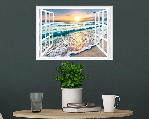 FLFK Fake Window Wall Sticker - Sunset Beach Faux Window Wall Mural for Wall Decor, Stick and Peel Wall Decals,16"x24" in Kuwait