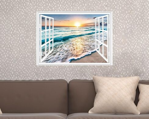 FLFK Fake Window Wall Sticker - Sunset Beach Faux Window Wall Mural for Wall Decor, Stick and Peel Wall Decals,16"x24" in Kuwait