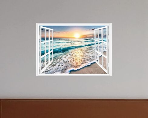 FLFK Fake Window Wall Sticker - Sunset Beach Faux Window Wall Mural for Wall Decor, Stick and Peel Wall Decals,16"x24" in Kuwait