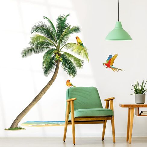 wondever Palm Tree Wall Stickers Tropical Plants Birds Peel and Stick Wall Art Decals for Living Room Bedroom TV Wall (H:46 Inches) in Kuwait