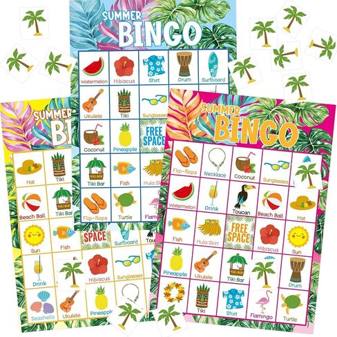 Fancy Land Summer Bingo Game for Kids 24 Players Hawaiian Tropical Summer Palm Leaves Luau Party Favors Supplies in Kuwait