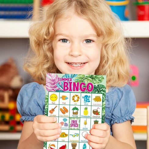 Fancy Land Summer Bingo Game for Kids 24 Players Hawaiian Tropical Summer Palm Leaves Luau Party Favors Supplies in Kuwait