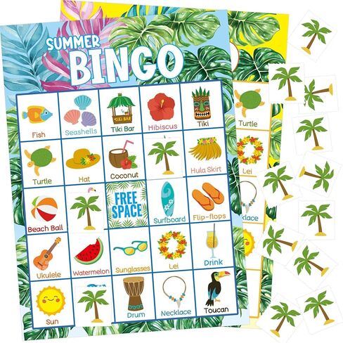 Fancy Land Summer Bingo Game for Kids 24 Players Hawaiian Tropical Summer Palm Leaves Luau Party Favors Supplies in Kuwait