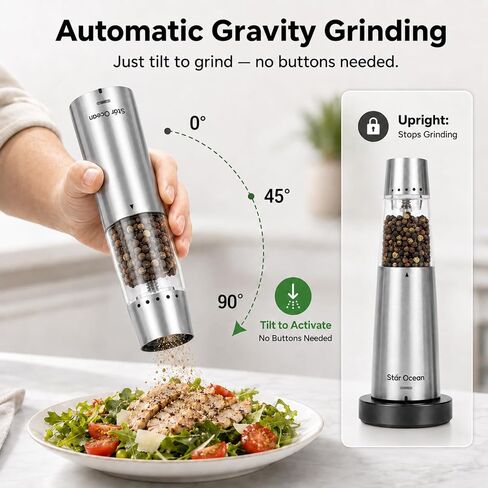 StarOcean Rechargeable Electric Salt and Pepper Grinder Set with USB-C Charging Base, Stainless Steel Automatic Gravity Grinders, 5 Adjustable Coarseness, Kitchen Gift in Kuwait
