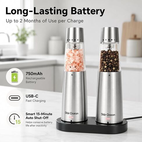 StarOcean Rechargeable Electric Salt and Pepper Grinder Set with USB-C Charging Base, Stainless Steel Automatic Gravity Grinders, 5 Adjustable Coarseness, Kitchen Gift in Kuwait