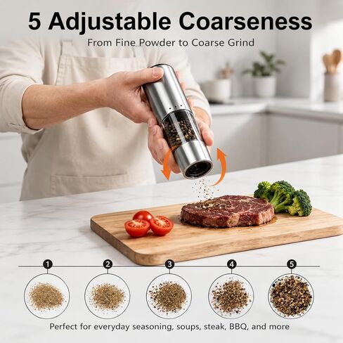 StarOcean Rechargeable Electric Salt and Pepper Grinder Set with USB-C Charging Base, Stainless Steel Automatic Gravity Grinders, 5 Adjustable Coarseness, Kitchen Gift in Kuwait