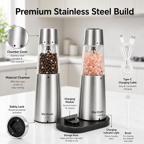 StarOcean Rechargeable Electric Salt and Pepper Grinder Set with USB-C Charging Base, Stainless Steel Automatic Gravity Grinders, 5 Adjustable Coarseness, Kitchen Gift in Kuwait