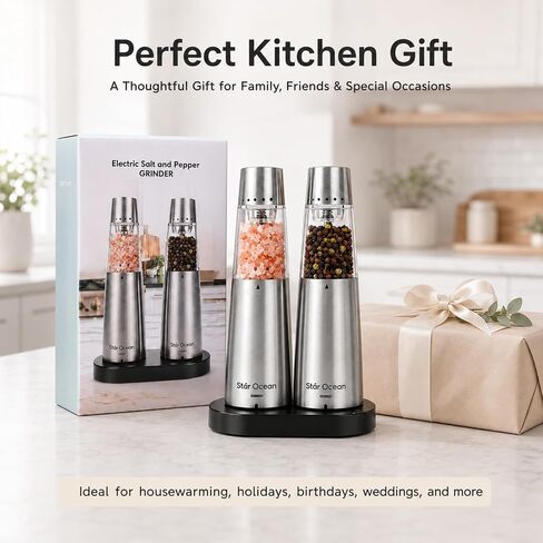 StarOcean Rechargeable Electric Salt and Pepper Grinder Set with USB-C Charging Base, Stainless Steel Automatic Gravity Grinders, 5 Adjustable Coarseness, Kitchen Gift in Kuwait