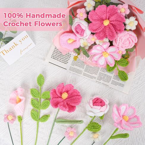 RICHMYC Crochet Flower Bouquet, Valentines Day Gifts for Her Mom 8.6in Pink Crochet Bouquet Knitted Flowers Roses Tulip Flower for Lover Anniversary Birthday Party Mother's Day Graduation in Saudi Arabia