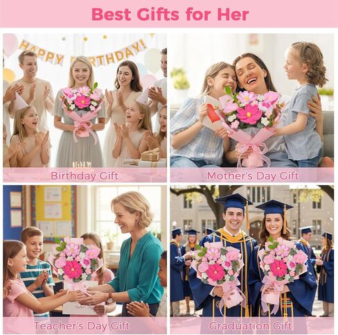 RICHMYC Crochet Flower Bouquet, Valentines Day Gifts for Her Mom 8.6in Pink Crochet Bouquet Knitted Flowers Roses Tulip Flower for Lover Anniversary Birthday Party Mother's Day Graduation in Saudi Arabia