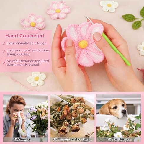 RICHMYC Crochet Flower Bouquet, Valentines Day Gifts for Her Mom 8.6in Pink Crochet Bouquet Knitted Flowers Roses Tulip Flower for Lover Anniversary Birthday Party Mother's Day Graduation in Saudi Arabia