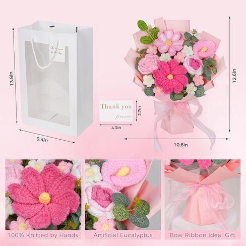 RICHMYC Crochet Flower Bouquet, Valentines Day Gifts for Her Mom 8.6in Pink Crochet Bouquet Knitted Flowers Roses Tulip Flower for Lover Anniversary Birthday Party Mother's Day Graduation in Saudi Arabia