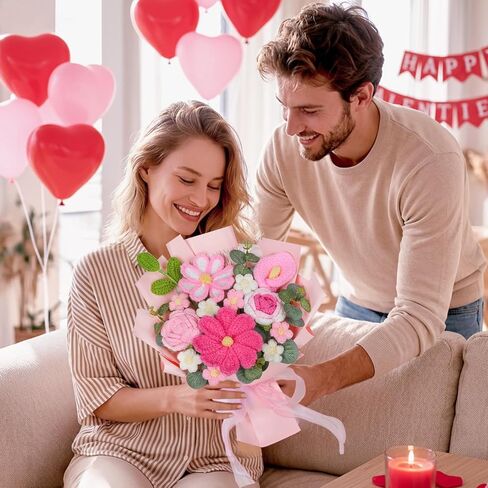 RICHMYC Crochet Flower Bouquet, Valentines Day Gifts for Her Mom 8.6in Pink Crochet Bouquet Knitted Flowers Roses Tulip Flower for Lover Anniversary Birthday Party Mother's Day Graduation in Saudi Arabia