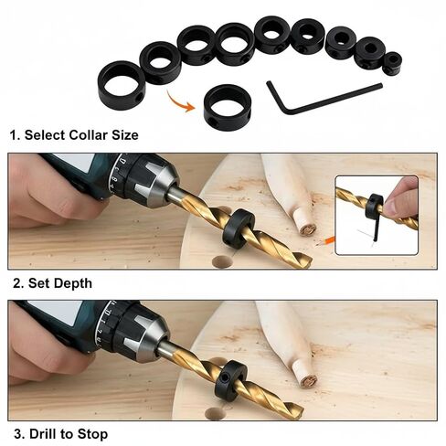 8pcs Drill Stop Ring Set, 3-16mm Carbon Steel Locking Rings with Wrench, Woodworking Screw Tightener Drill Bit Positioning Circles, Adjustable Drill Accessory in Kuwait