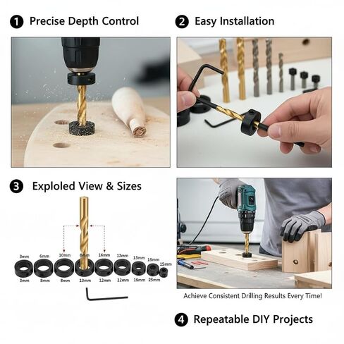 8pcs Drill Stop Ring Set, 3-16mm Carbon Steel Locking Rings with Wrench, Woodworking Screw Tightener Drill Bit Positioning Circles, Adjustable Drill Accessory in Kuwait
